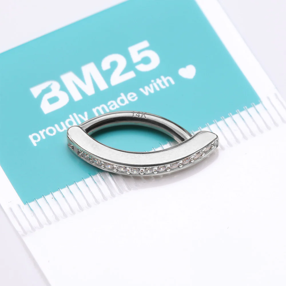 14 Karat White Gold Sparkle Gem Lined Minimalist Curved Bar Belly Clicker - Image 5