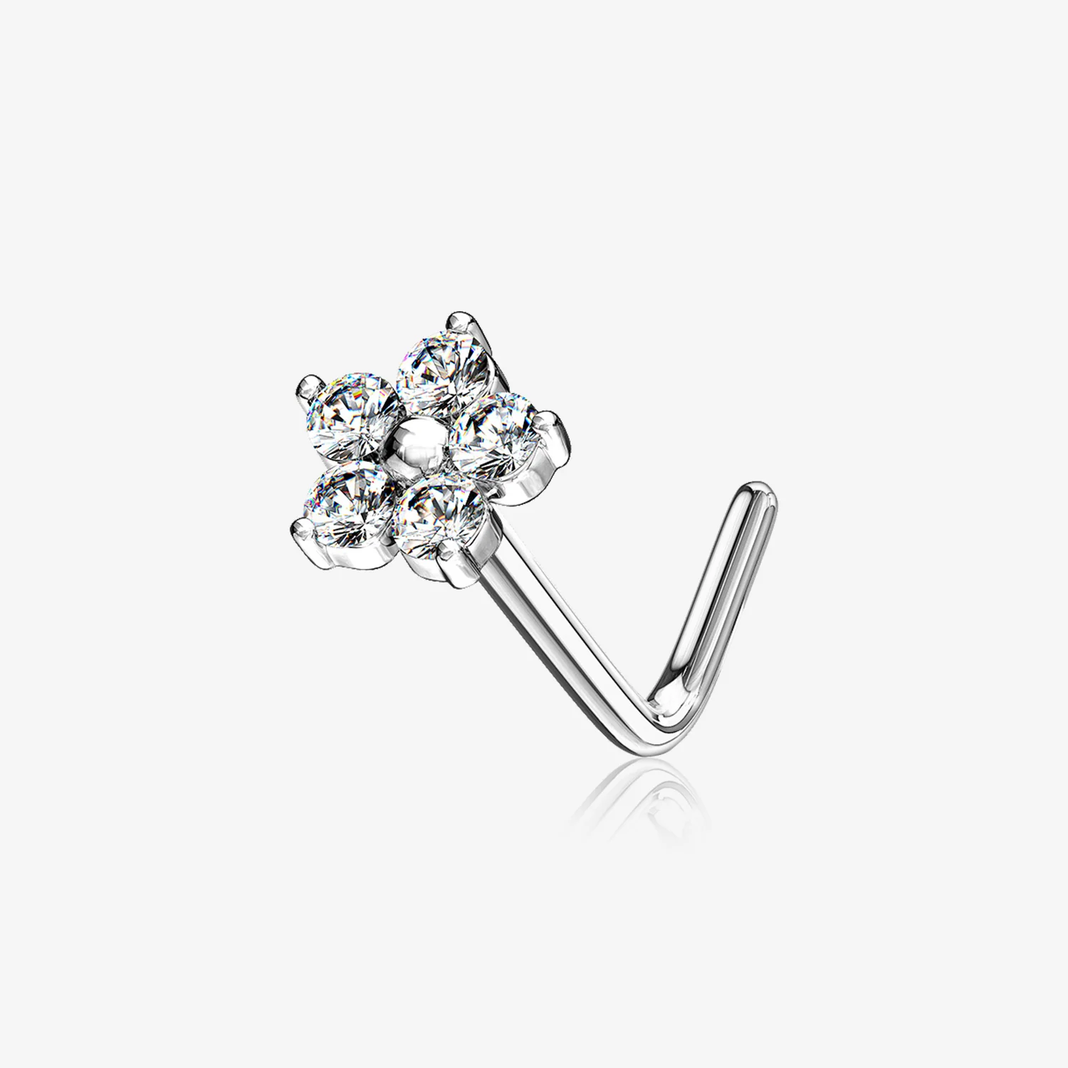14 Karat White Gold Spring Flower Sparkle L-Shaped Nose Ring