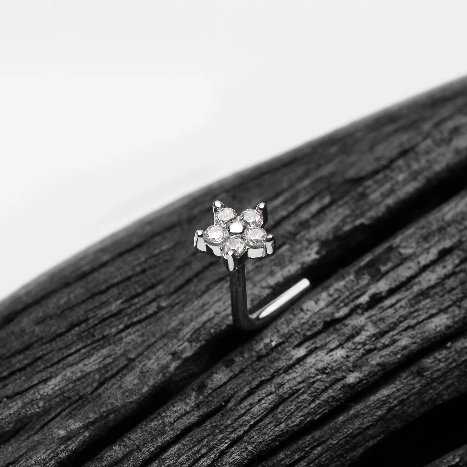 14 Karat White Gold Spring Flower Sparkle L-Shaped Nose Ring - Image 2