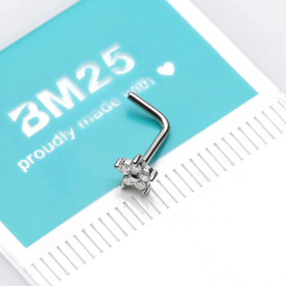 14 Karat White Gold Spring Flower Sparkle L-Shaped Nose Ring - Image 3