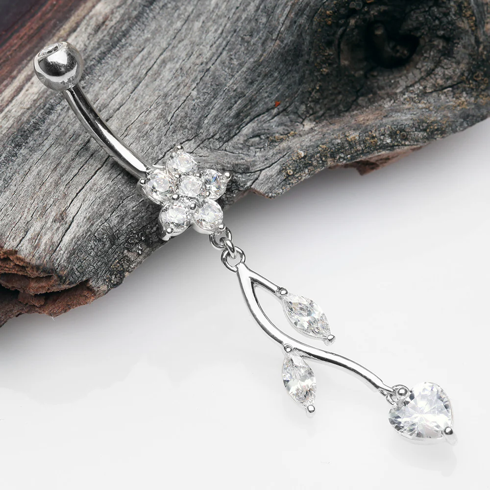 14 Karat White Gold Spring Flower Vine Sparkle Dangle Belly Button Ring - Image 3