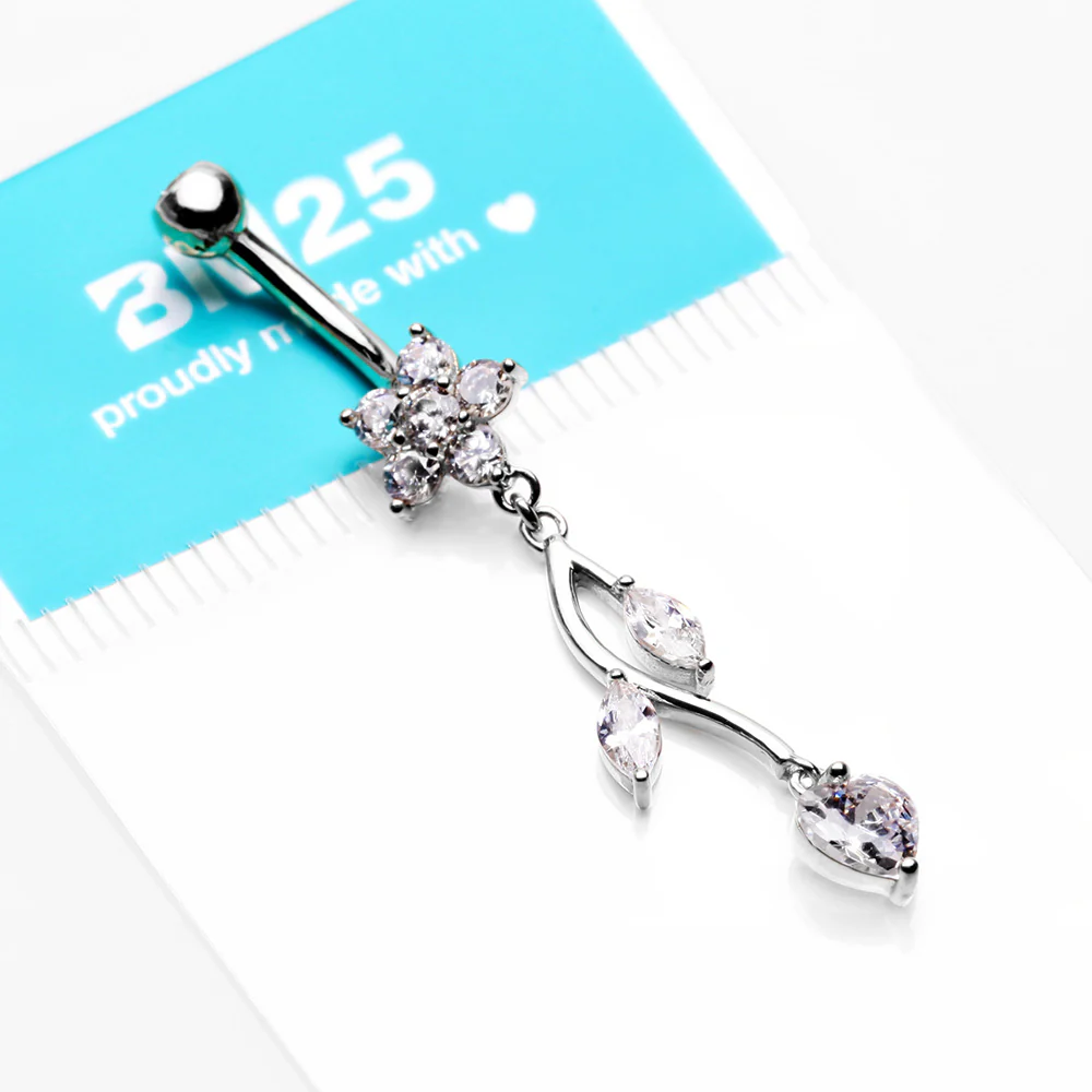 14 Karat White Gold Spring Flower Vine Sparkle Dangle Belly Button Ring - Image 4