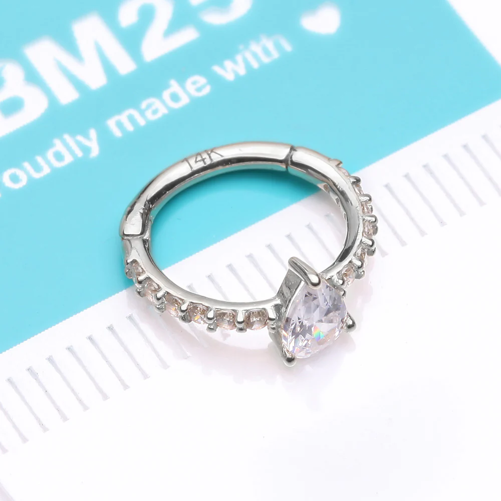 14 Karat White Gold Teardrop Solitaire Sparkle Multi-Gem Seamless Clicker Hoop Ring - Image 3