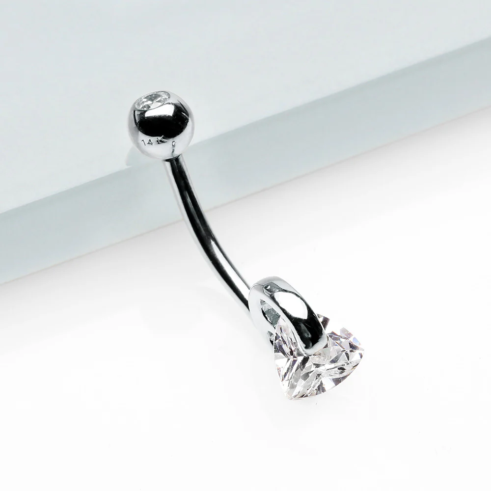14 Karat White Gold Triangle Gem Huggie Prong Belly Button Ring - Image 3