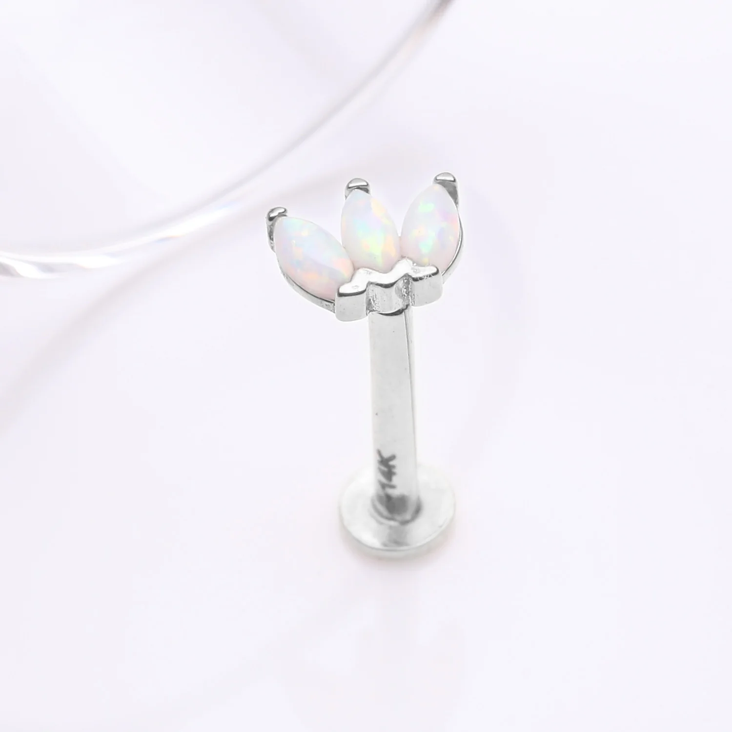 14 Karat White Gold OneFit Threadless Triple Marquise Fire Opal Flower Flat Back Stud Labret - Image 2