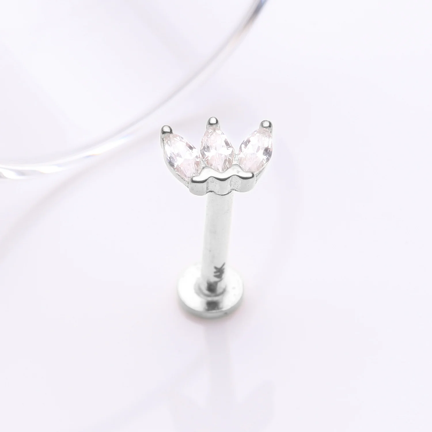 14 Karat White Gold OneFit Threadless Triple Marquise Sparkle Flower Flat Back Stud Labret - Image 2