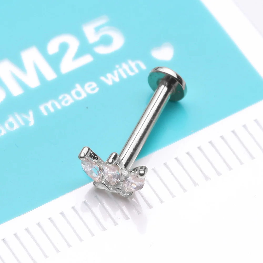 14 Karat White Gold OneFit Threadless Triple Marquise Sparkle Flower Flat Back Stud Labret - Image 3