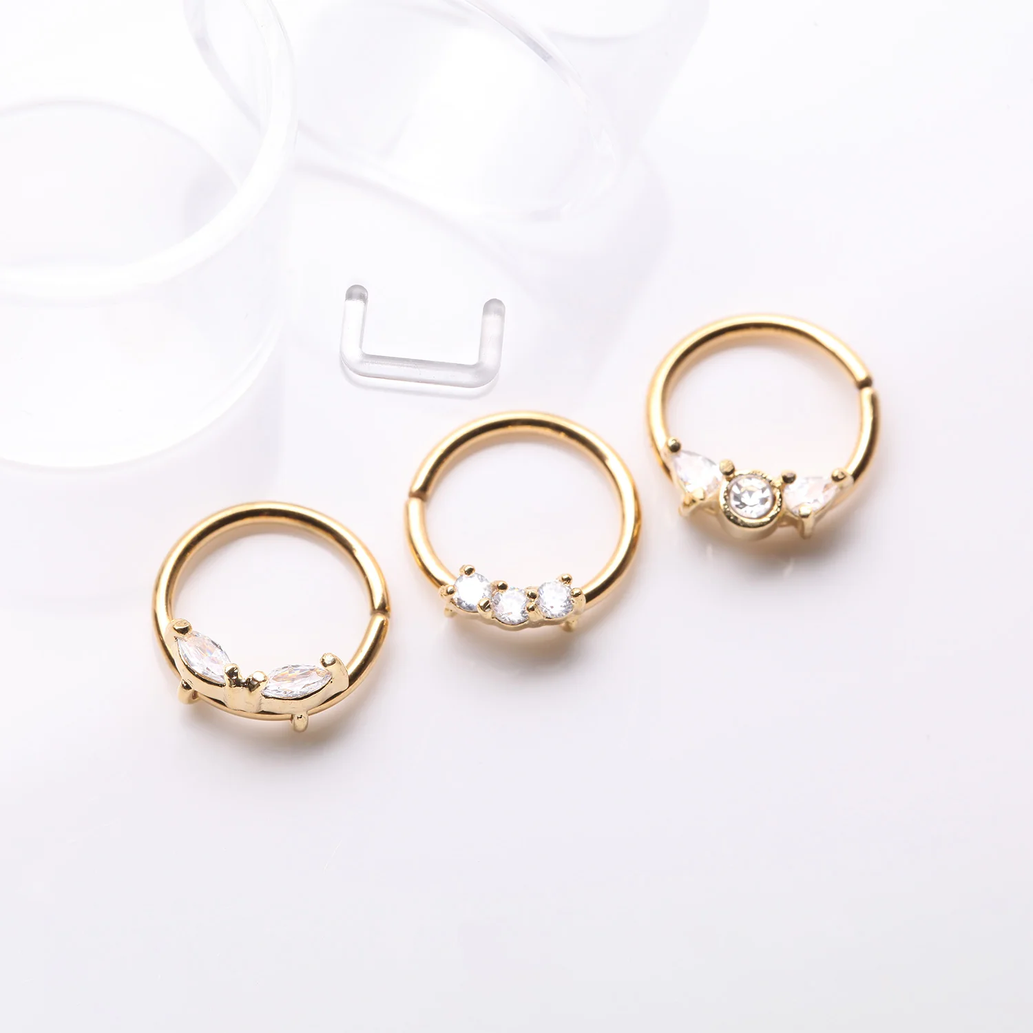 3 Pcs of Assorted Golden Dainty Gem Bendable Hoop Ring with Clear Retainer Package - Image 2