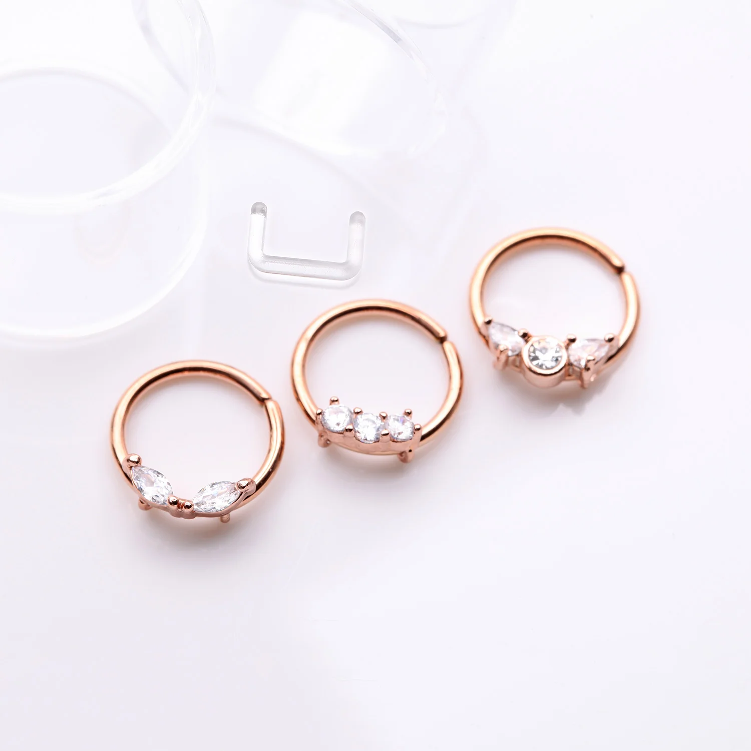 3 Pcs of Assorted Rose Gold Dainty Gem Bendable Hoop Ring with Clear Retainer Package - Image 2