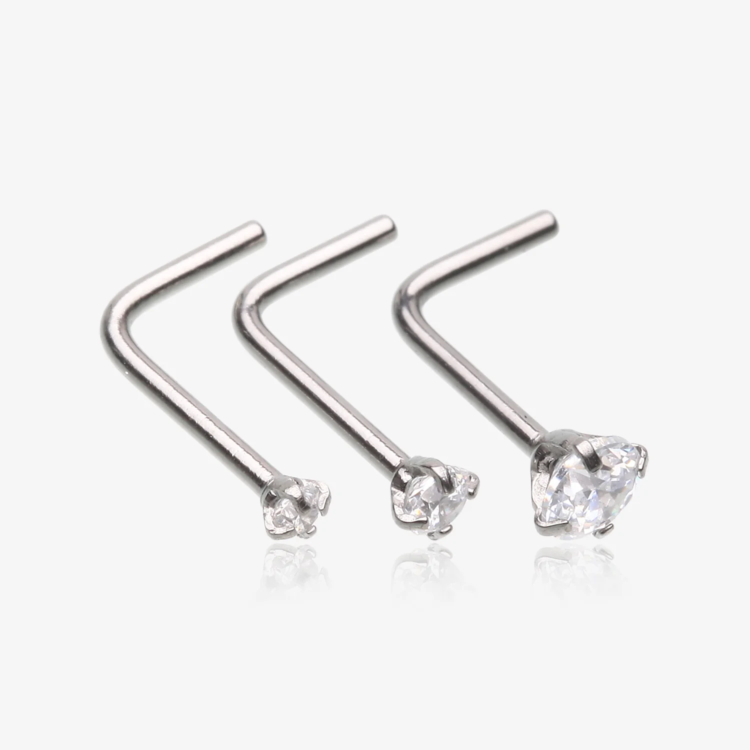 3 Pcs of Assorted Prong Set Sparkle Gem L-Shaped Nose Ring Package