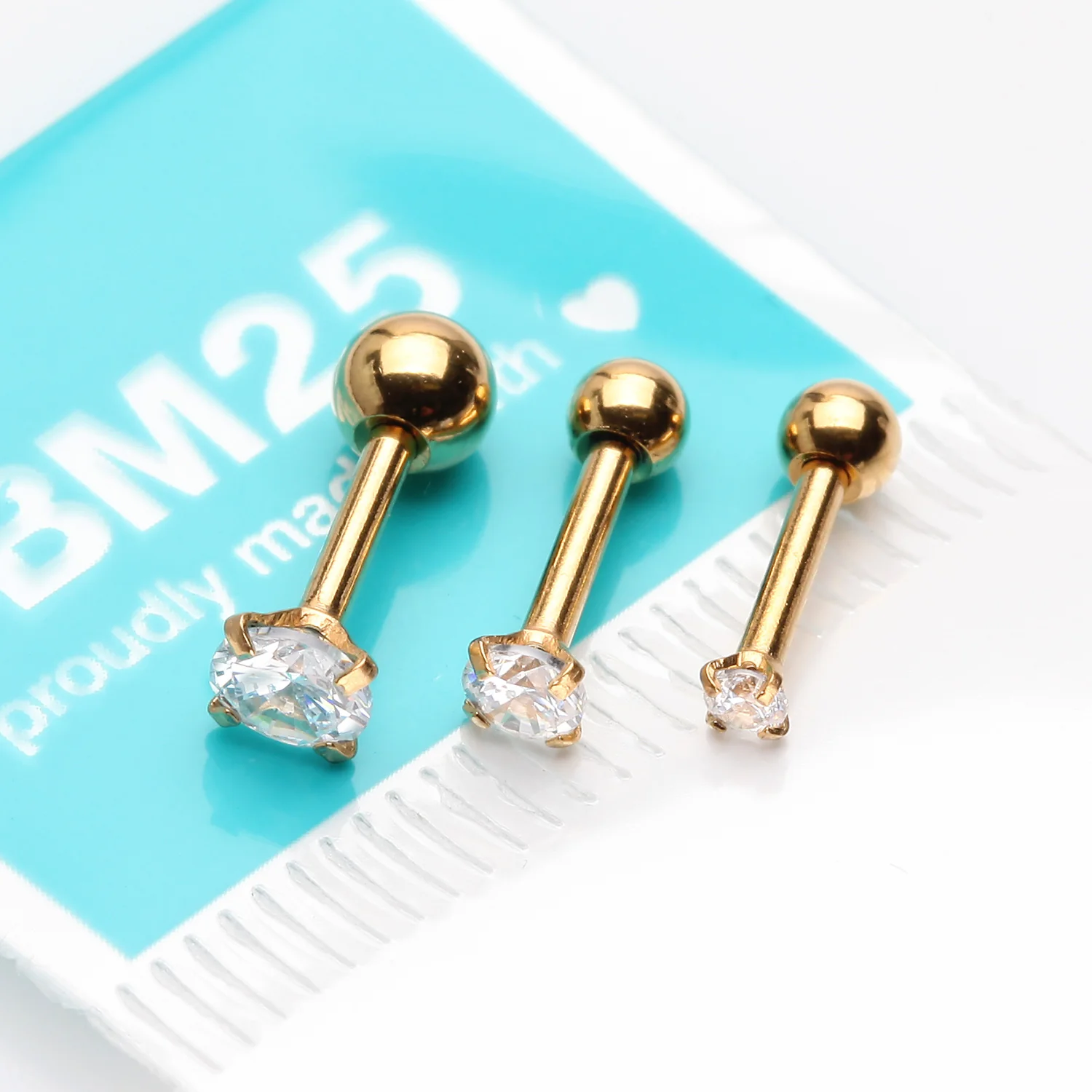 3 Pcs of Golden Assorted Prong Set Gems Cartilage Tragus Barbell Earring Package - Image 2