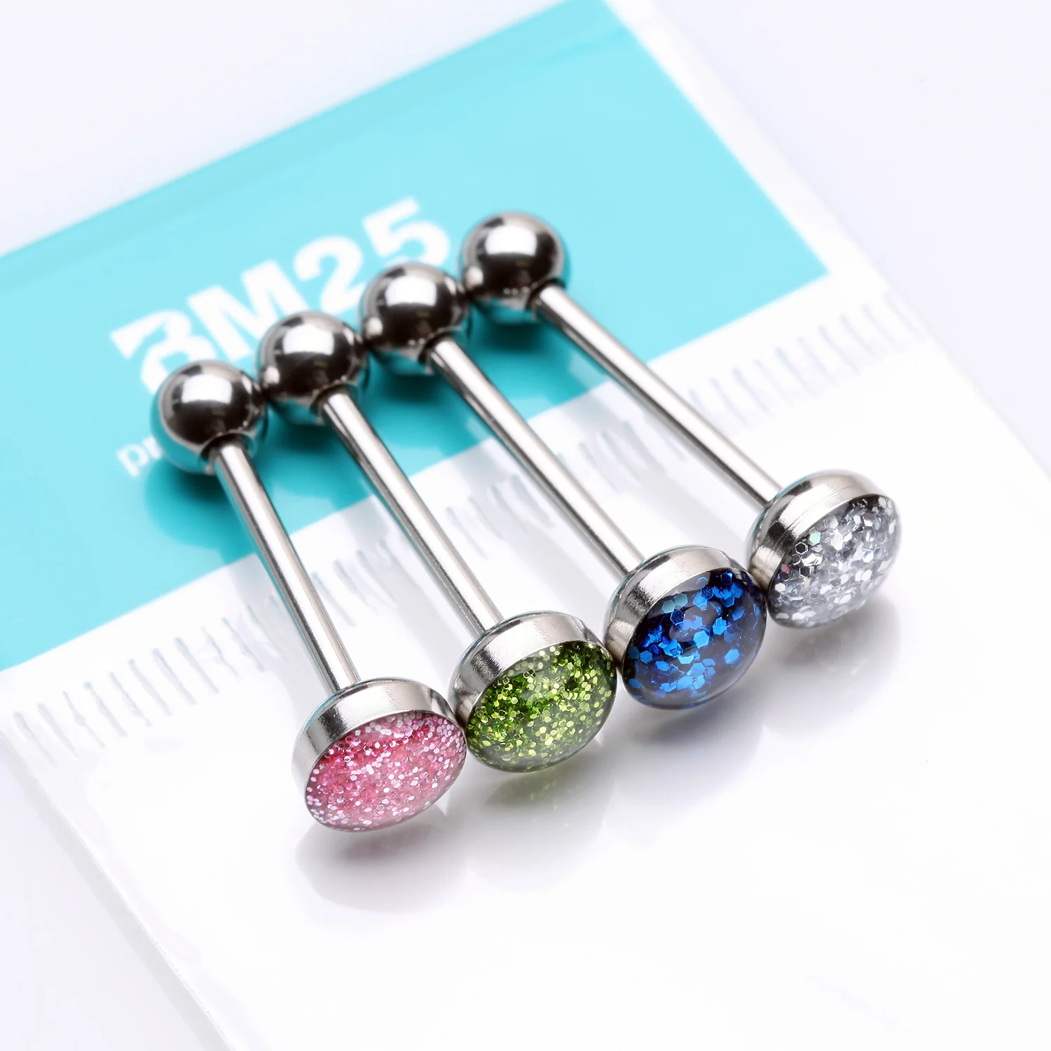 4 Pcs of Assorted Color Glitter Sparkle Top Steel Barbell Package - Image 2