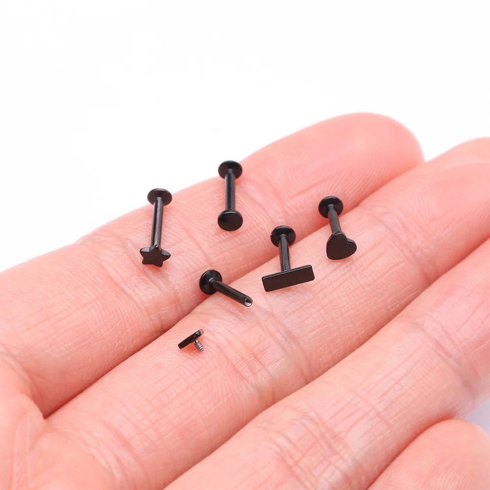 5 Pcs of Assorted Style Blackline Minimalistic Internally Threaded Labret Flat Back Stud Package - Image 3