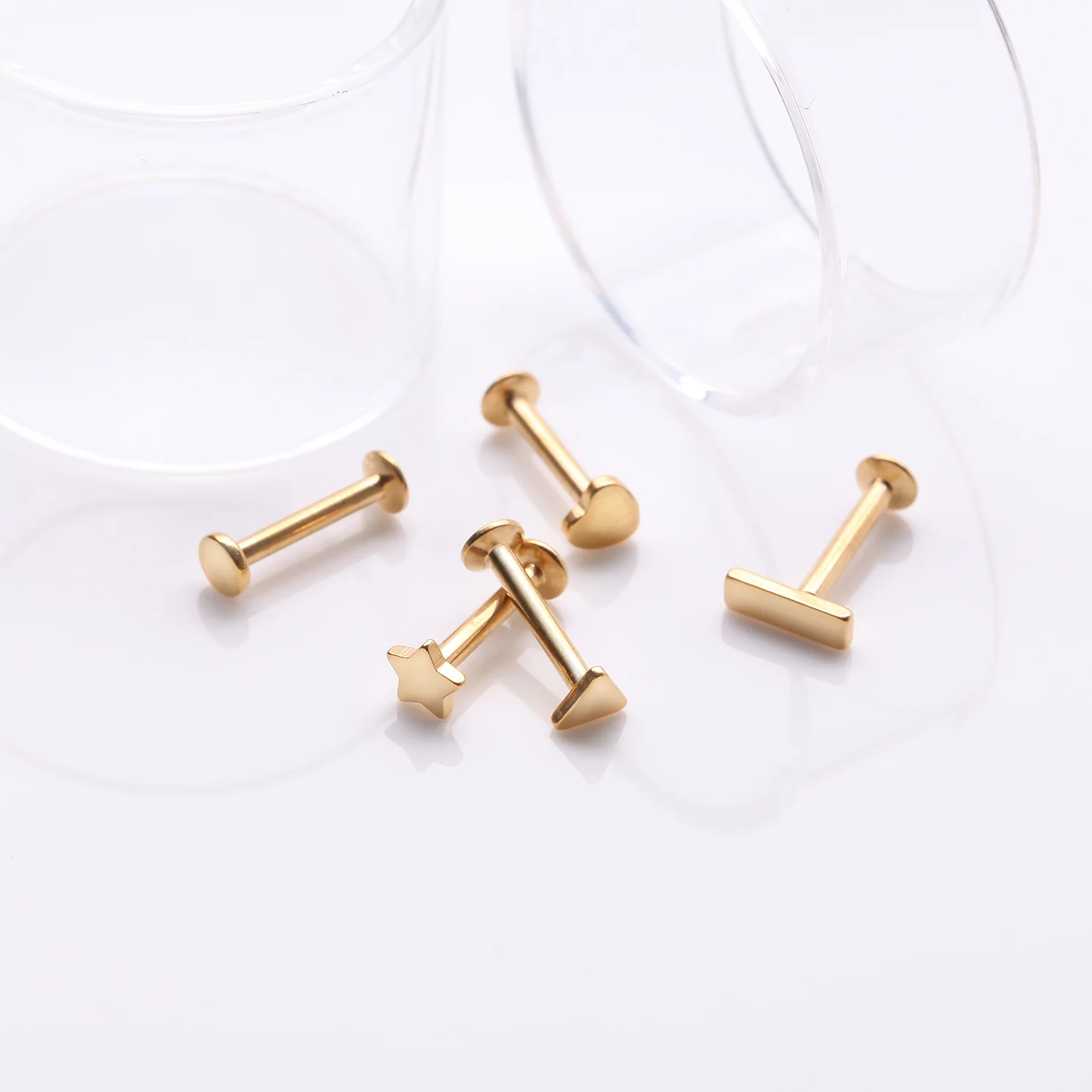 5 Pcs of Assorted Style Golden Minimalistic Internally Threaded Labret Flat Back Stud Package - Image 2