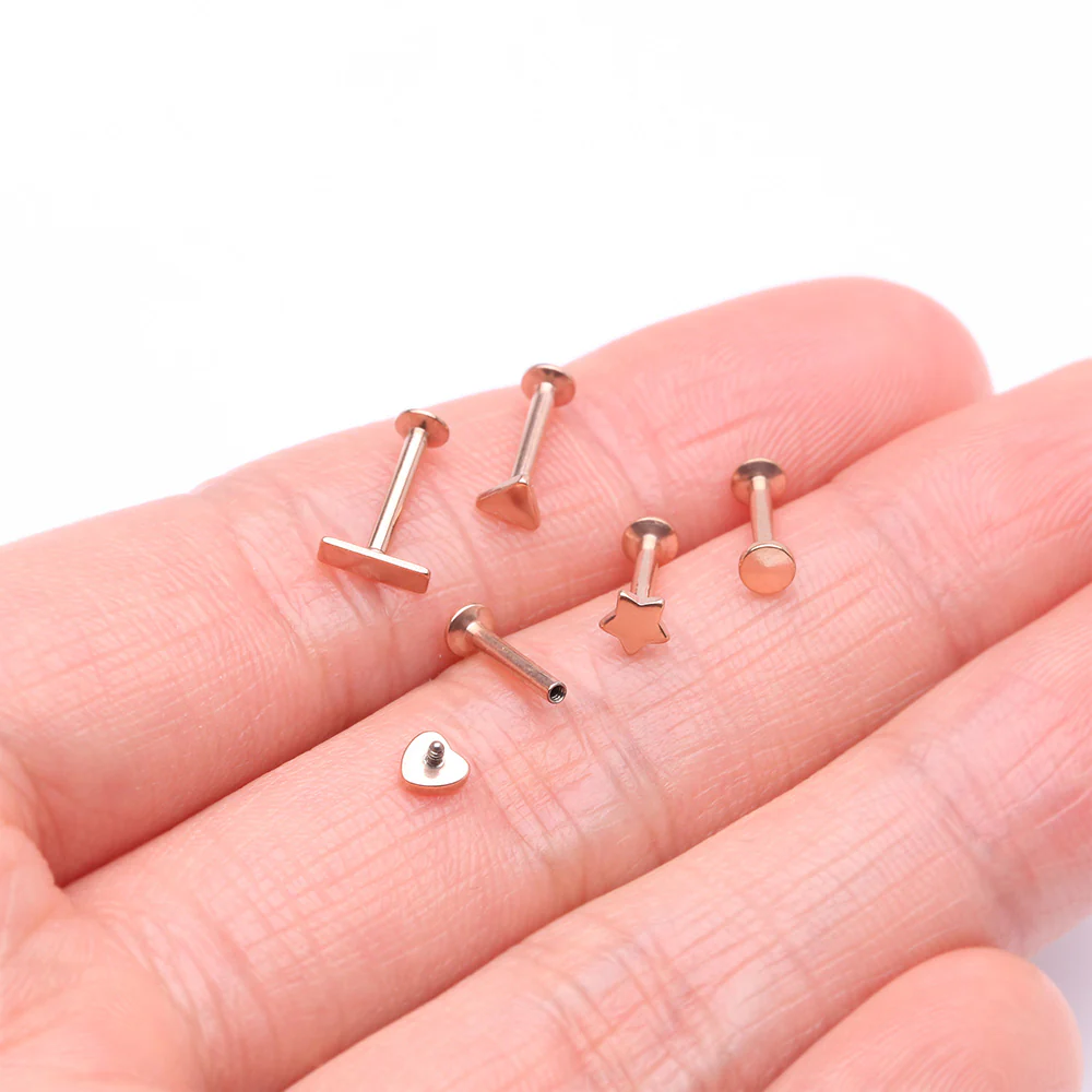 5 Pcs of Assorted Style Rose Gold Minimalistic Internally Threaded Labret Flat Back Stud Package - Image 3