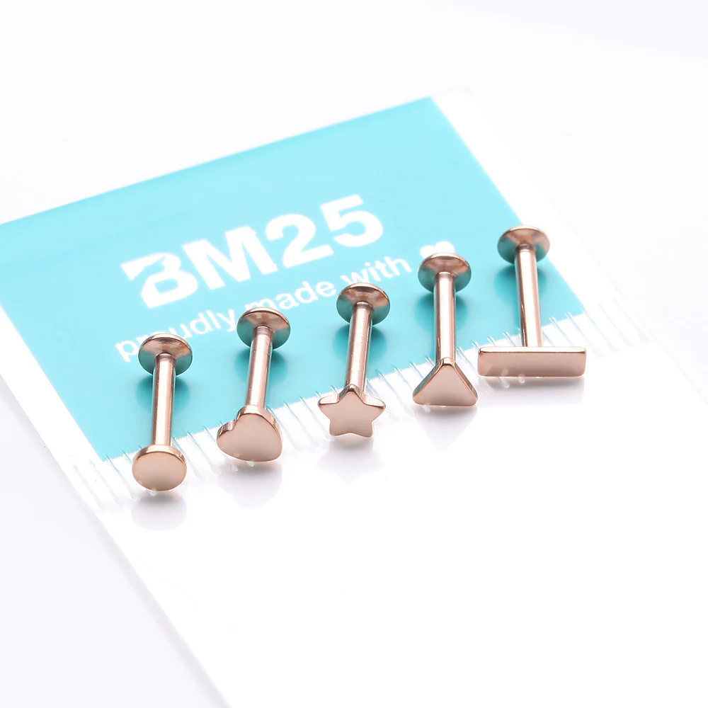 5 Pcs of Assorted Style Rose Gold Minimalistic Internally Threaded Labret Flat Back Stud Package - Image 4
