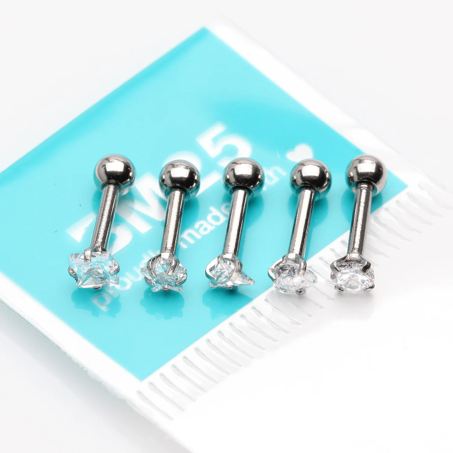5 Pcs of Assorted Prong Set Gem Shapes Cartilage Tragus Barbell Earring Package - Image 2