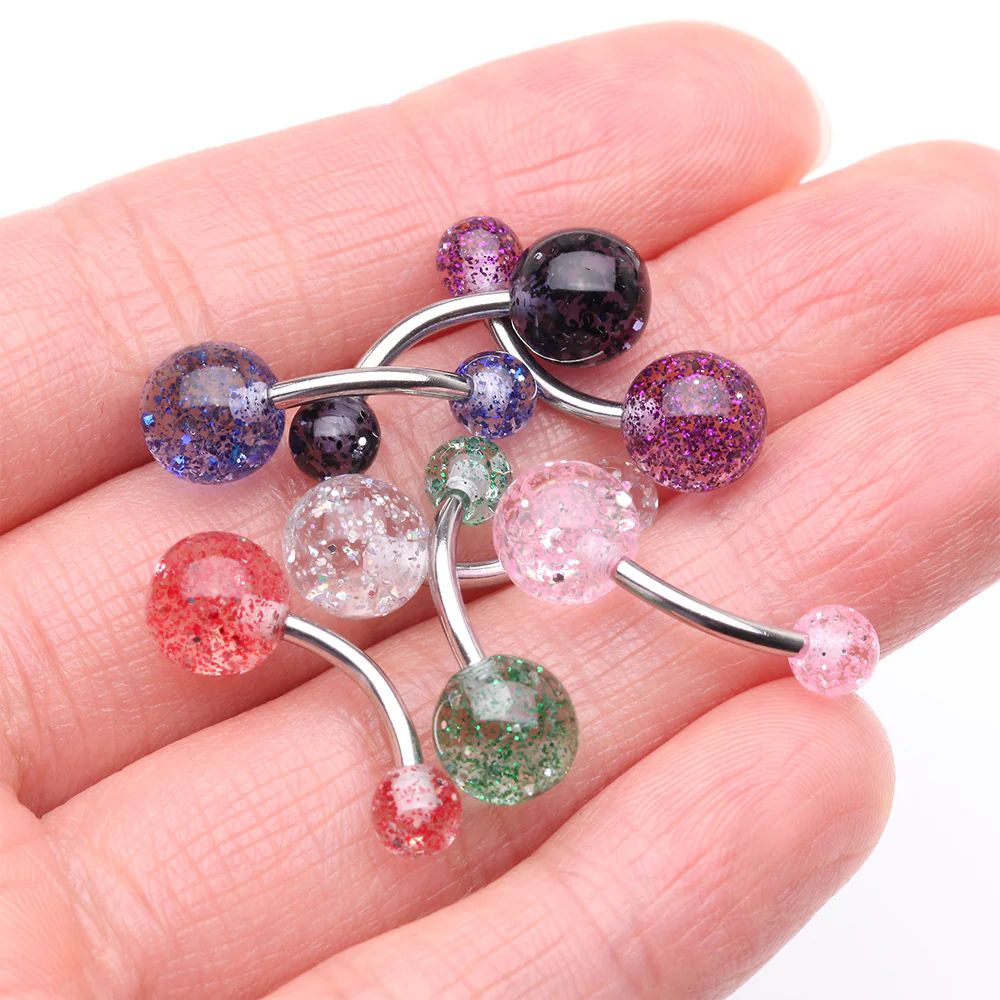 7 Pcs of Assorted Color Acrylic Glitter Ball Belly Button Ring Package - Image 3