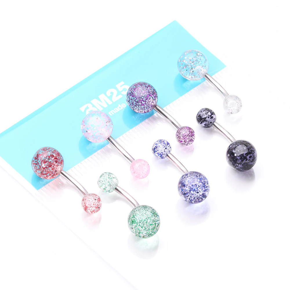 7 Pcs of Assorted Color Acrylic Glitter Ball Belly Button Ring Package - Image 4