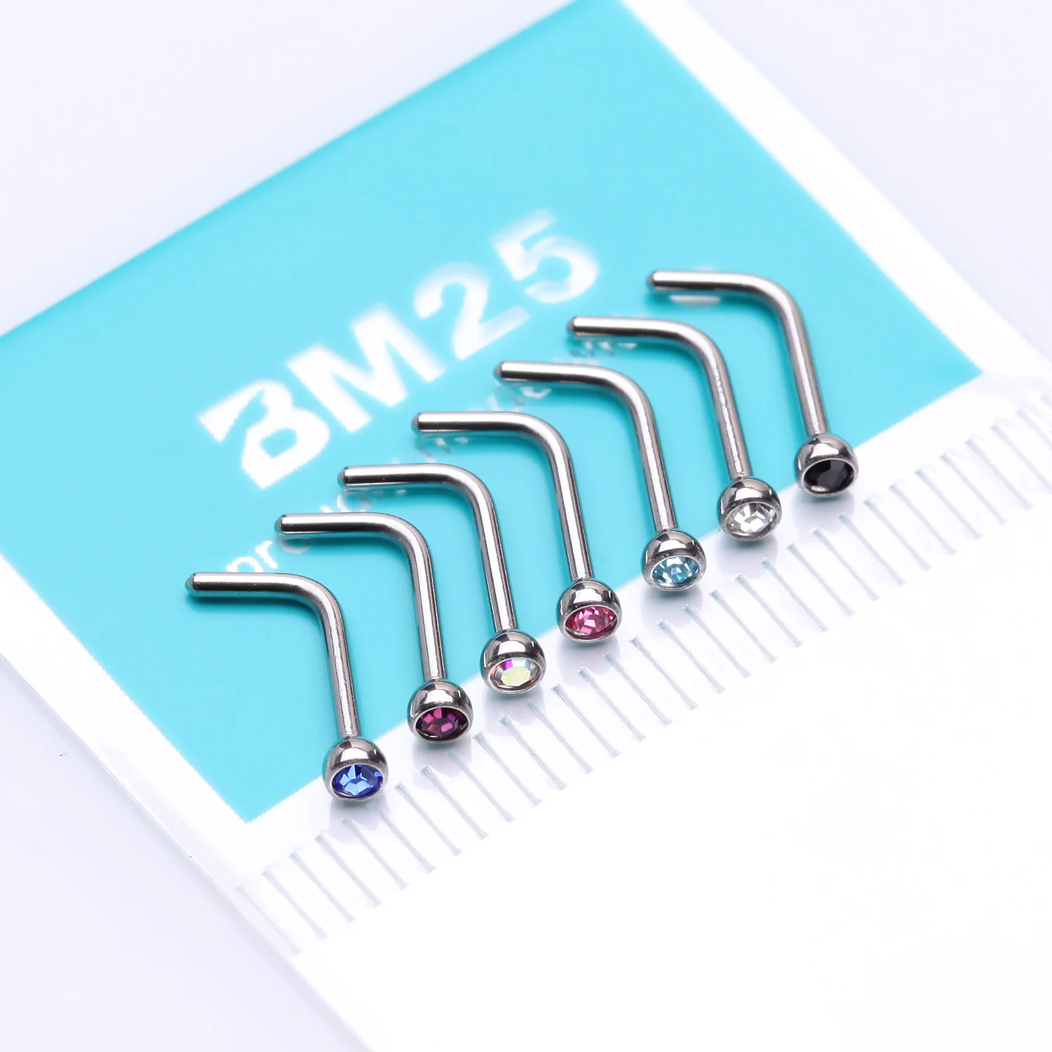 7 Pcs of Assorted Gem Ball L-Shaped Nose Ring Pack - Image 2