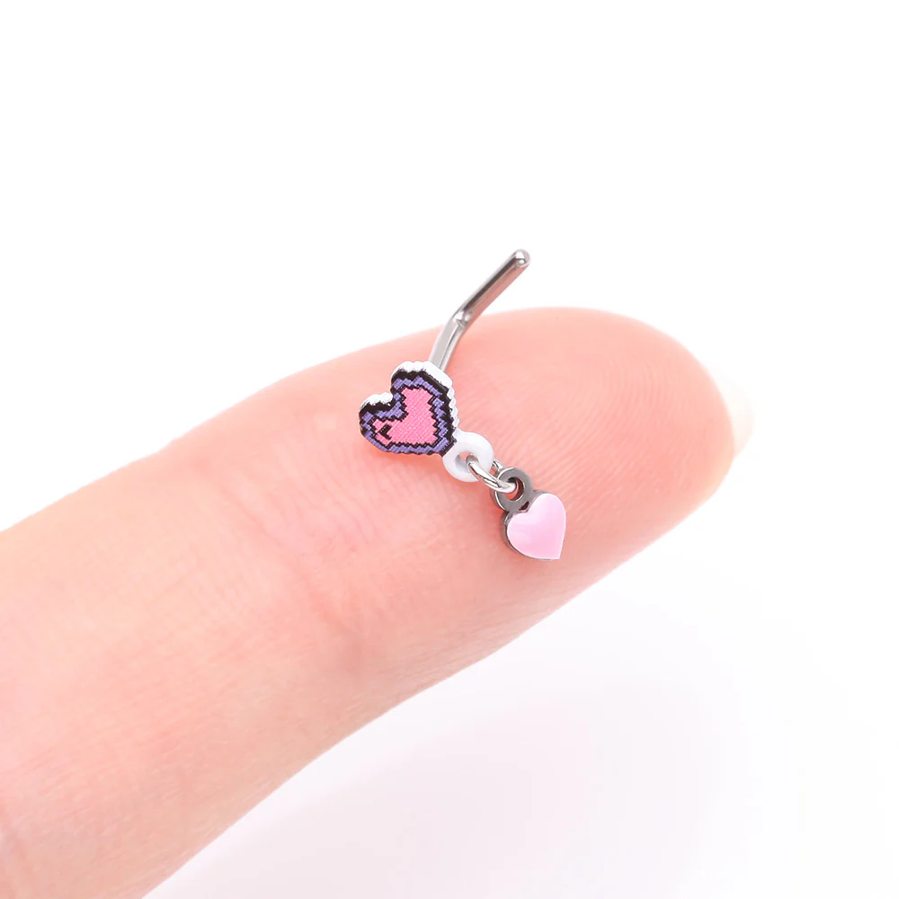 8-Bit Pixel Heart Dangle Gamer L-Shaped Nose Ring - Image 3