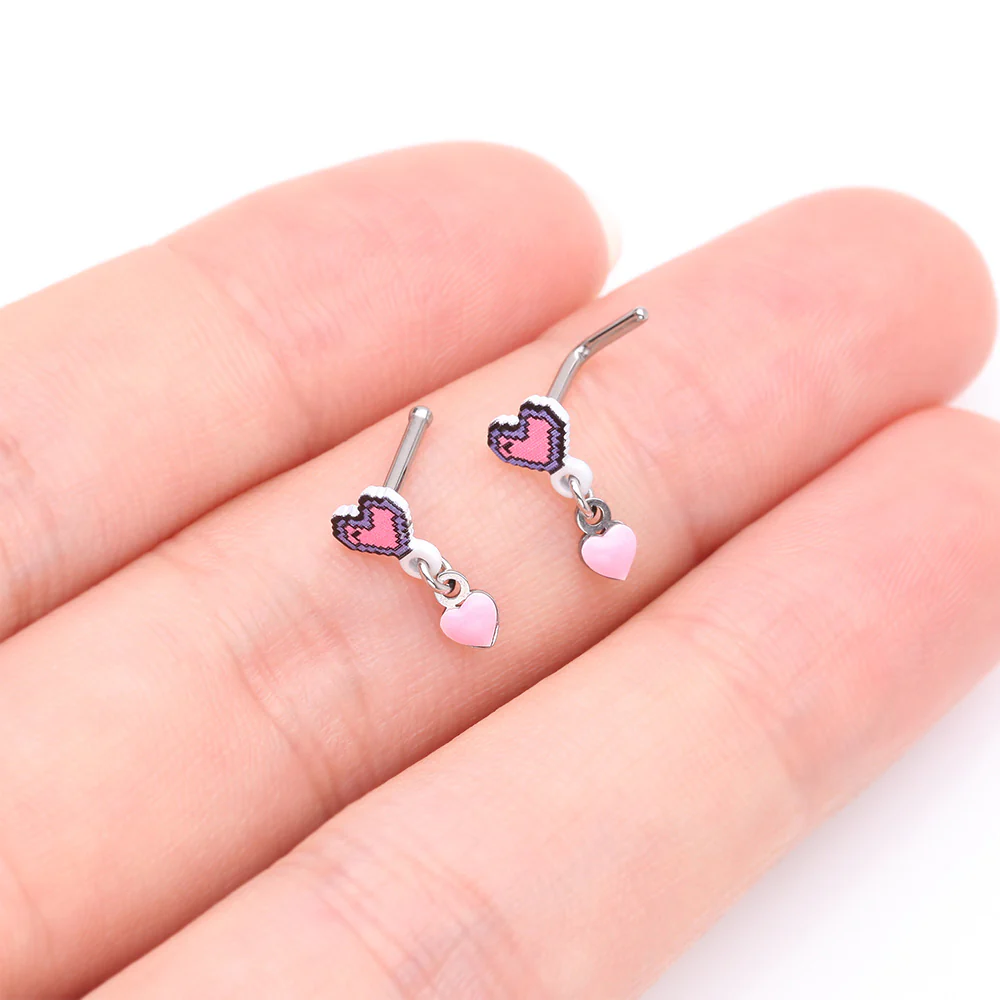8-Bit Pixel Heart Dangle Gamer L-Shaped Nose Ring - Image 4