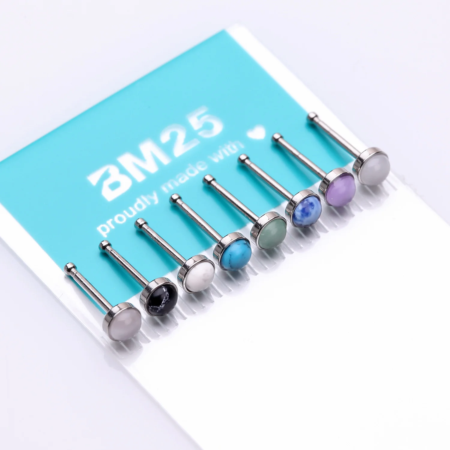 8 Pcs of Assorted Natural Stone Set Top Steel Nose Stud Ring Package - Image 2