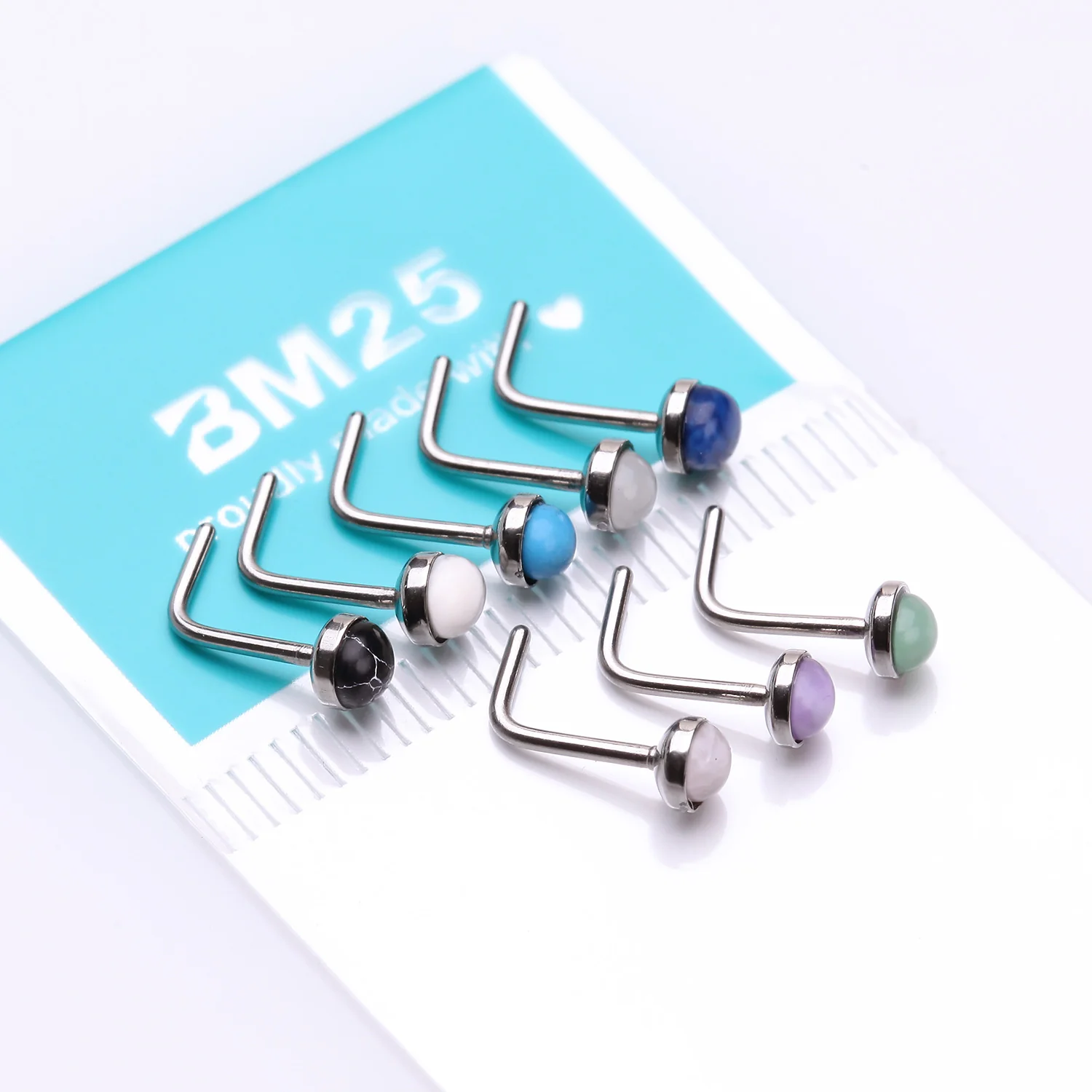 8 Pcs of Assorted Natural Stone Top L-Shaped Nose Ring Package - Image 2
