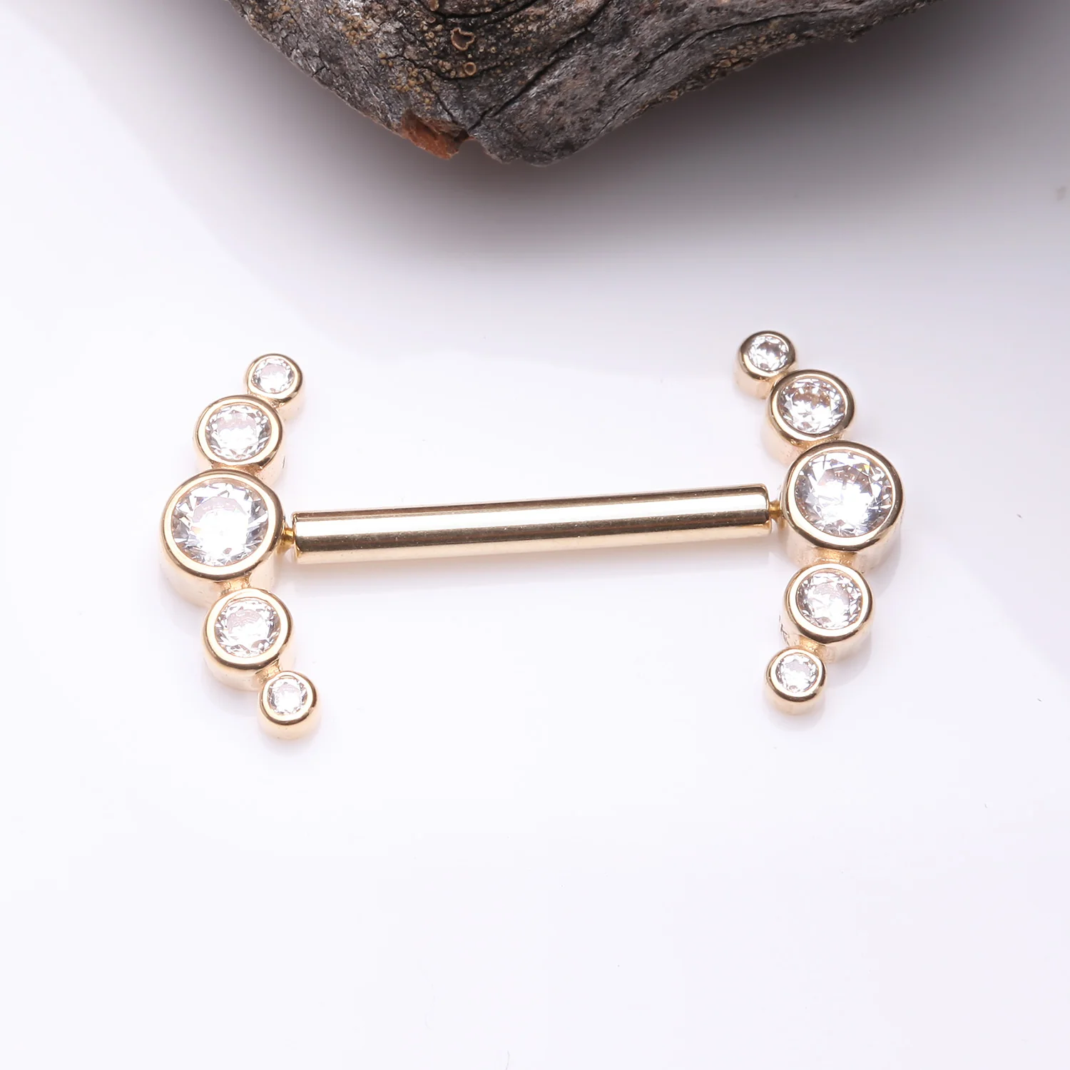 A Pair of 14 Karat Gold OneFit Threadless Sparkle Ray Multi-Gem Nipple Barbell - Image 2