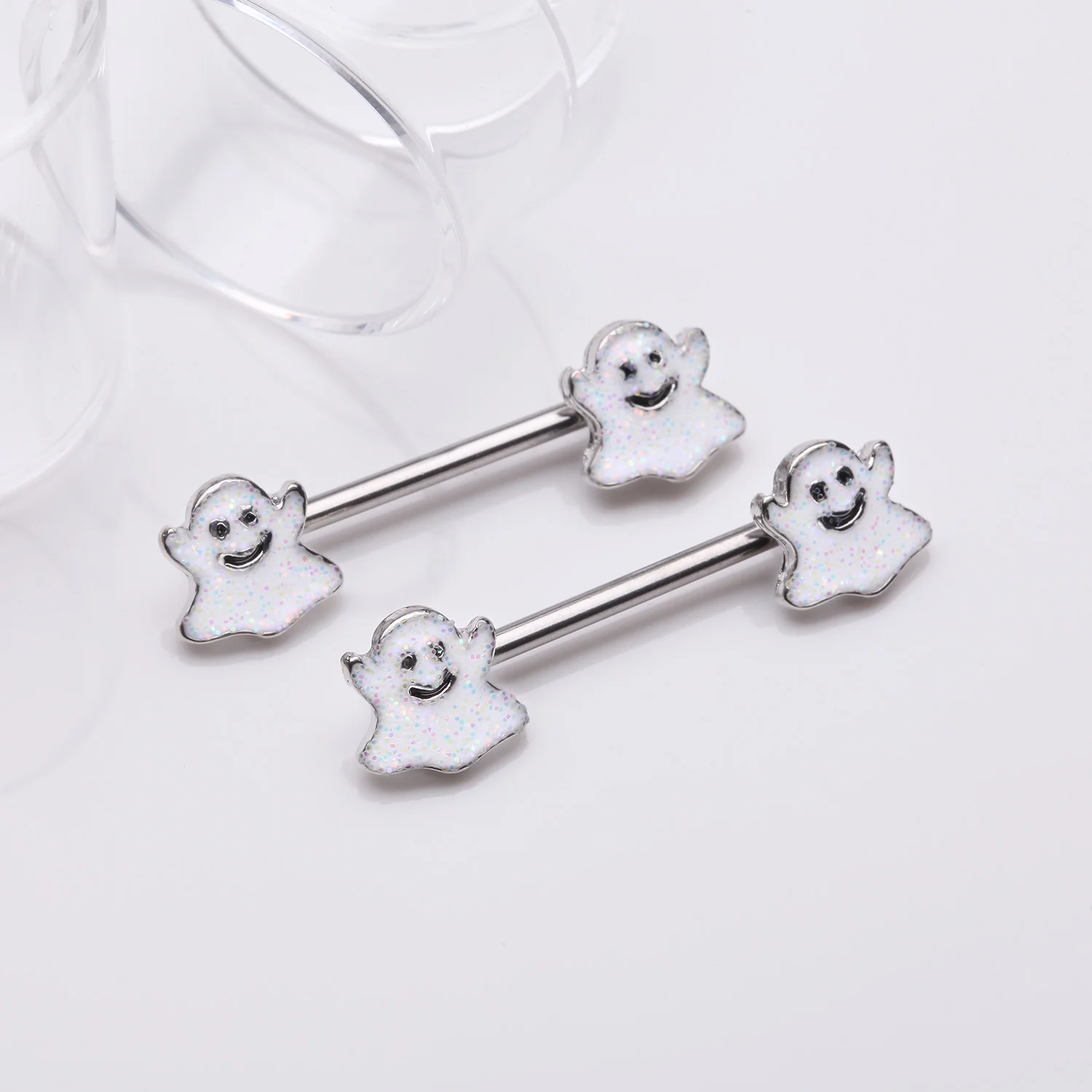 A Pair of Adorable Little Ghost Confetti Sparkle Nipple Barbell - Image 2
