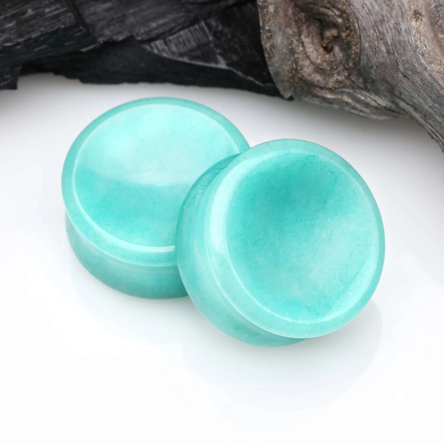 A Pair of Amazonite Concave Stone Double Flared Ear Gauge Plug - Image 2