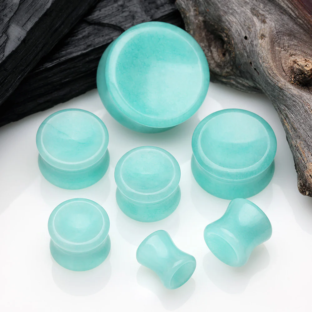 A Pair of Amazonite Concave Stone Double Flared Ear Gauge Plug - Image 3