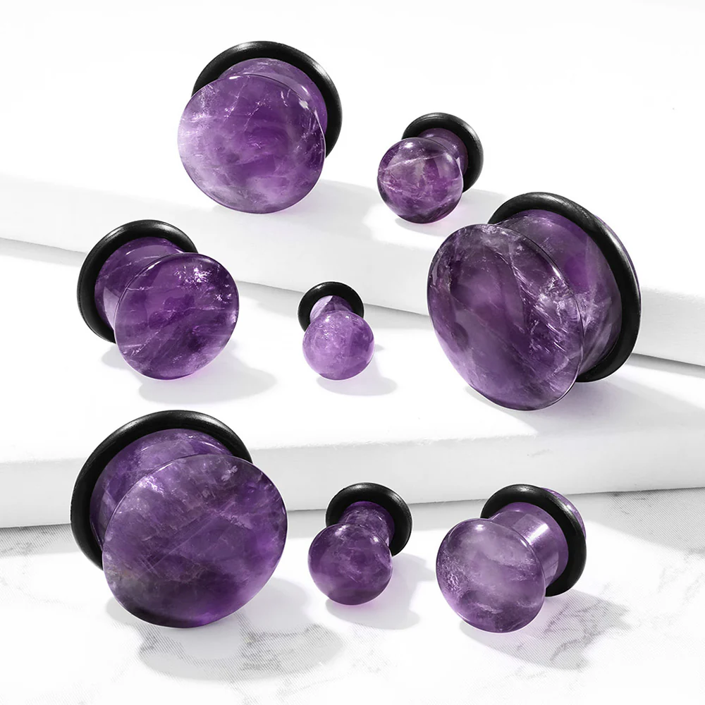 A Pair of Amethyst Stone Single Flared Plug with O-Ring - Image 3