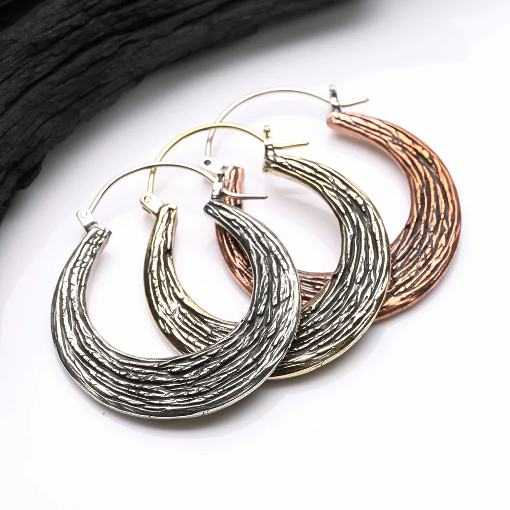 A Pair of Ancient Bali Ornate Golden Brass Loop Plug Hoop Earring - Image 4