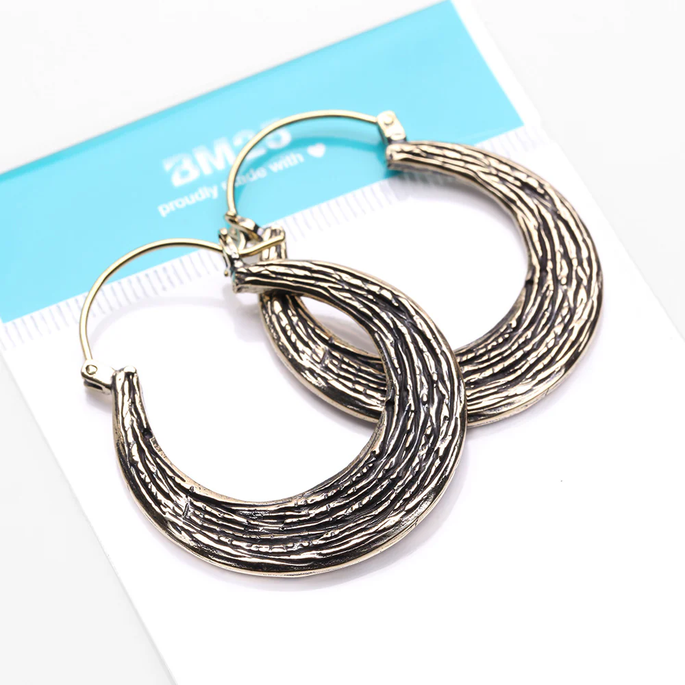 A Pair of Ancient Bali Ornate Golden Brass Loop Plug Hoop Earring - Image 5