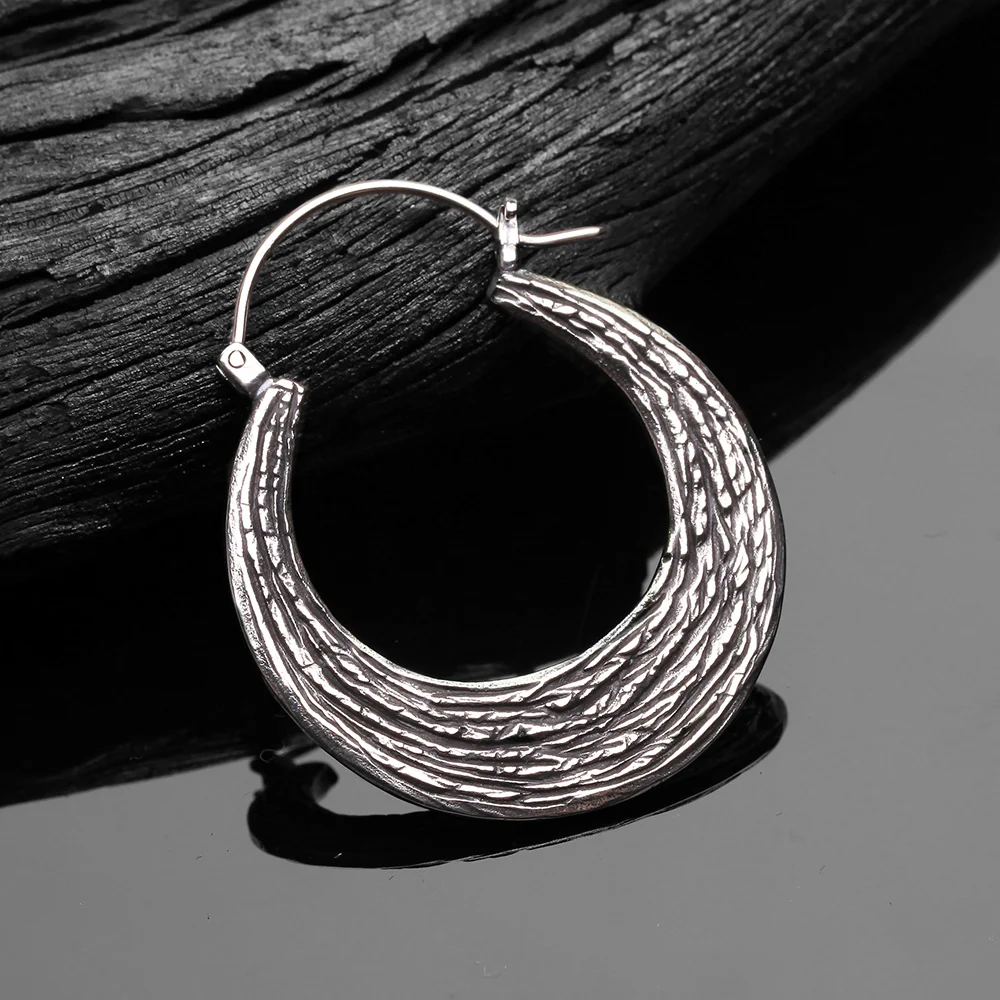 A Pair of Ancient Bali Ornate White Brass Loop Plug Hoop Earring - Image 3