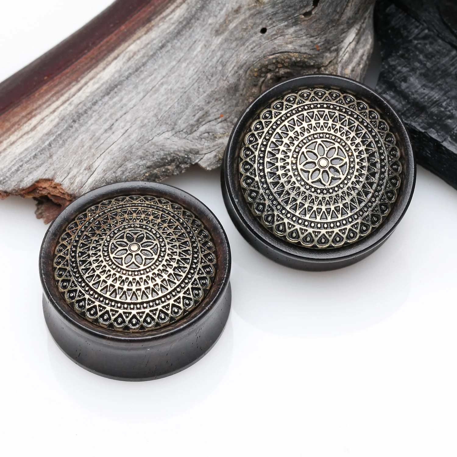 A Pair of Antique Lotus Floral Filigree Decorated Ebony Wood Double Flared Plug - Image 2