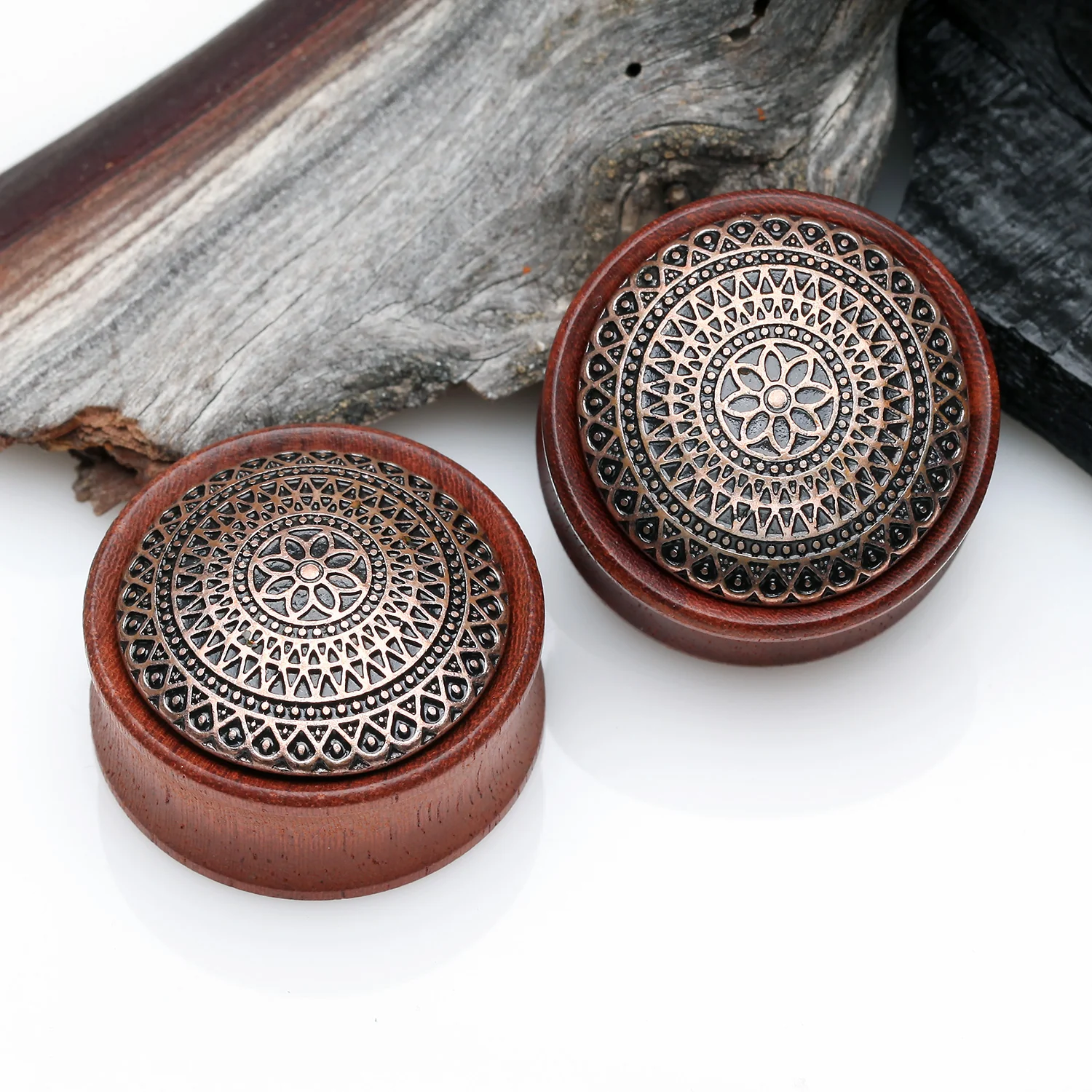 A Pair of Antique Lotus Floral Filigree Decorated Rosewood Double Flared Plug - Image 2