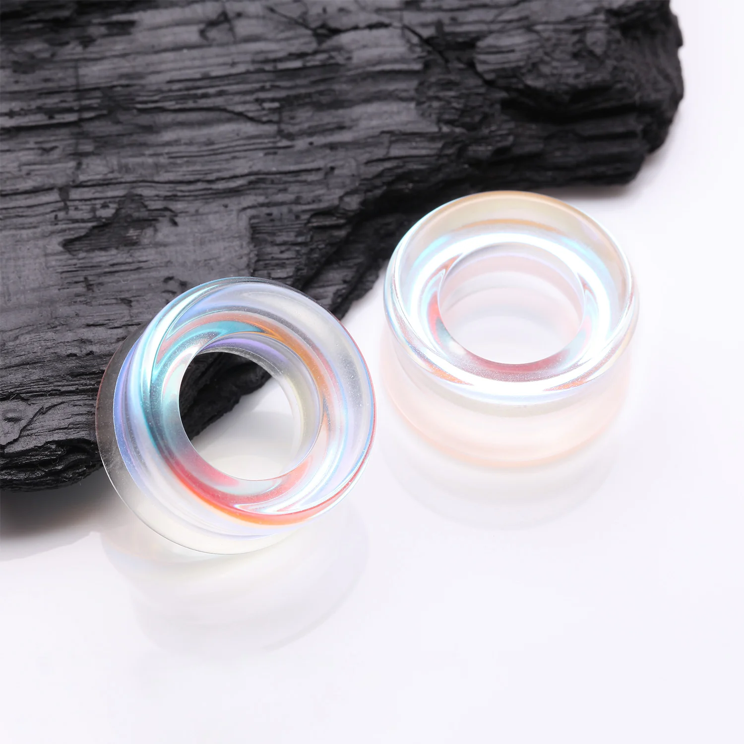 A Pair of Aurora Borealis Iridescent Glass Double Flared Tunnel Plug - Image 2