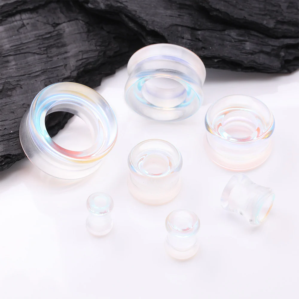 A Pair of Aurora Borealis Iridescent Glass Double Flared Tunnel Plug - Image 3