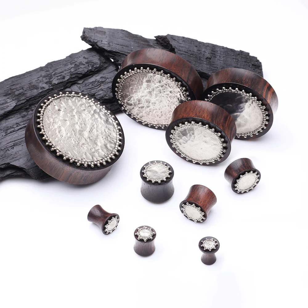 A Pair of Bali Cax Hammered White Brass Tiger Ebony Wood Double Flared Plug - Image 3