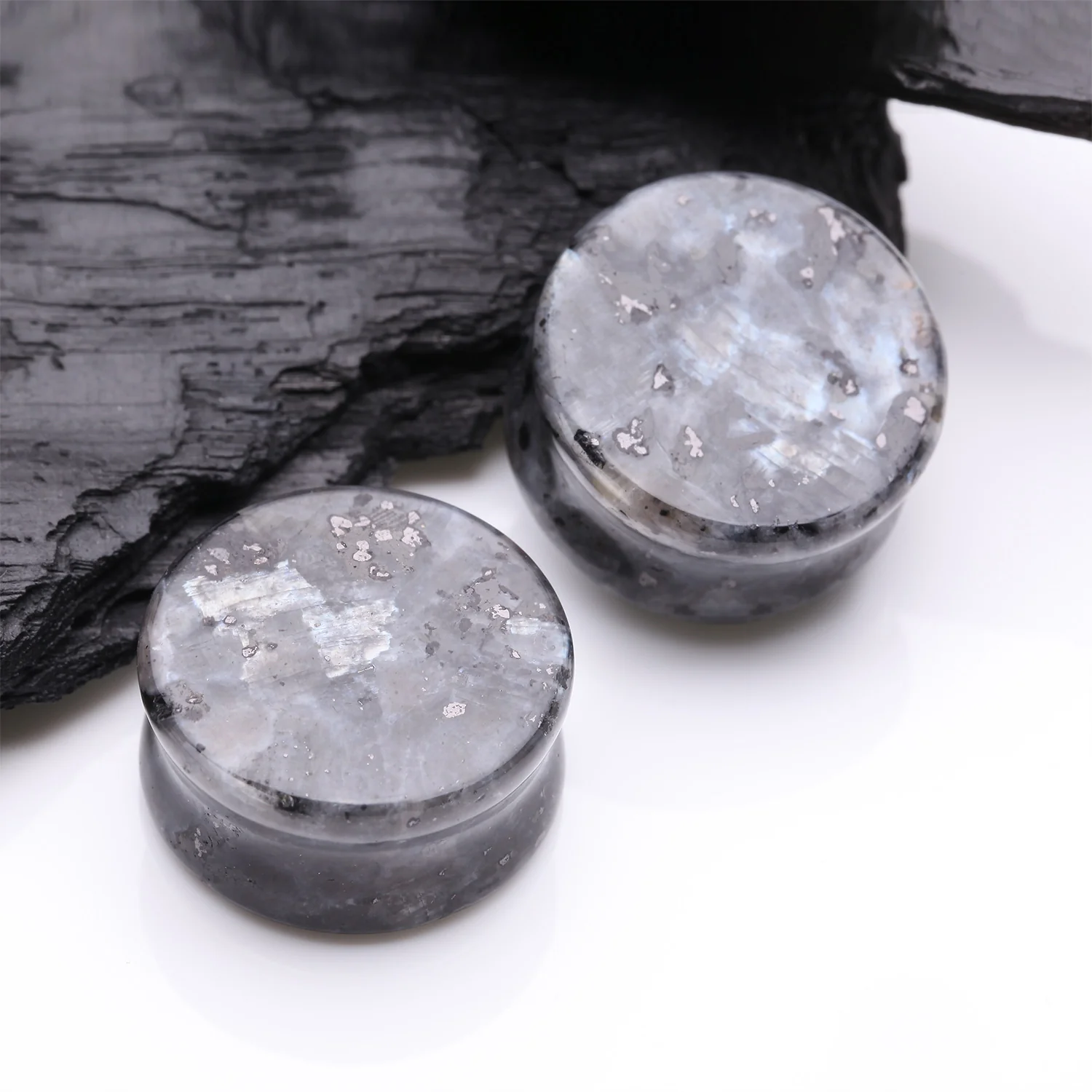 A Pair of Black Labradorite Stone Double Flared Plug - Image 2