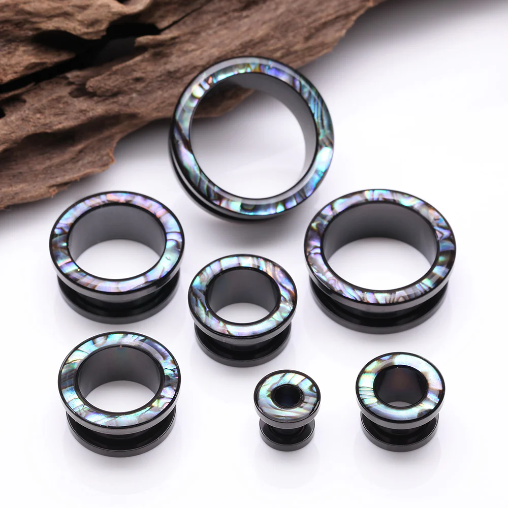 A Pair of Blackline Abalone Rimmed Steel Screw-Fit Tunnel Plug - Image 3