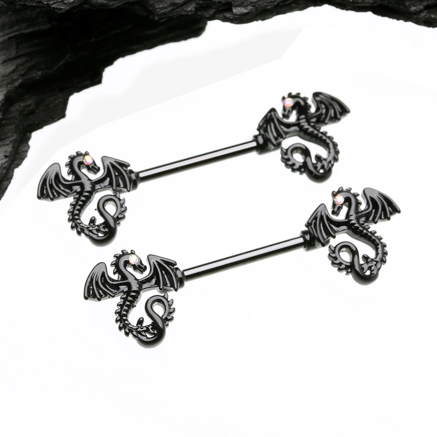 A Pair of Blackline Jeweled Eye Dragon Sparkle Nipple Barbell - Image 2