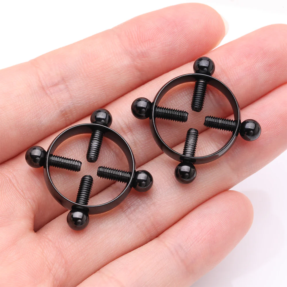 A Pair of Blackline Non-Piercing Adjustable Screw Clamp Nipple Ring - Image 3