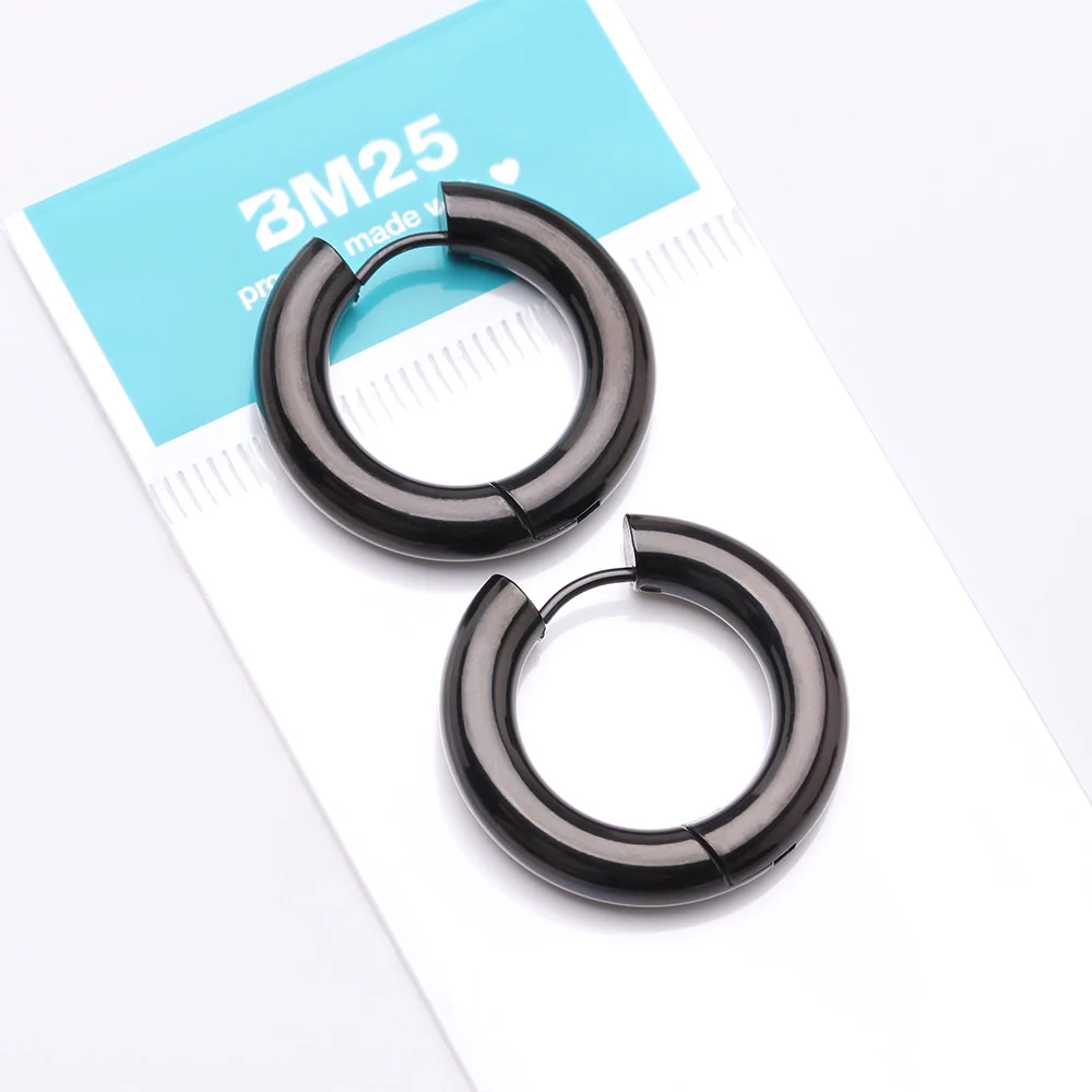 A Pair of Blackline Simple Hinged Huggie Hoop Steel Earring - Image 5