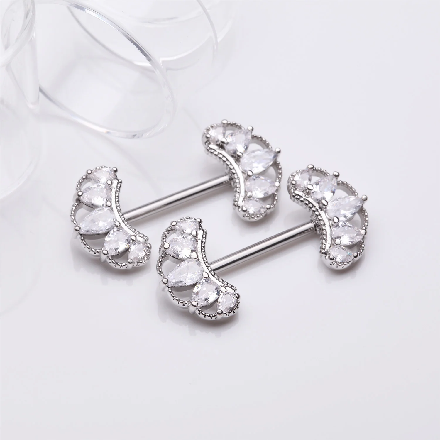 A Pair of Bohemian Arc Elegance Sparkle Nipple Barbell - Image 2