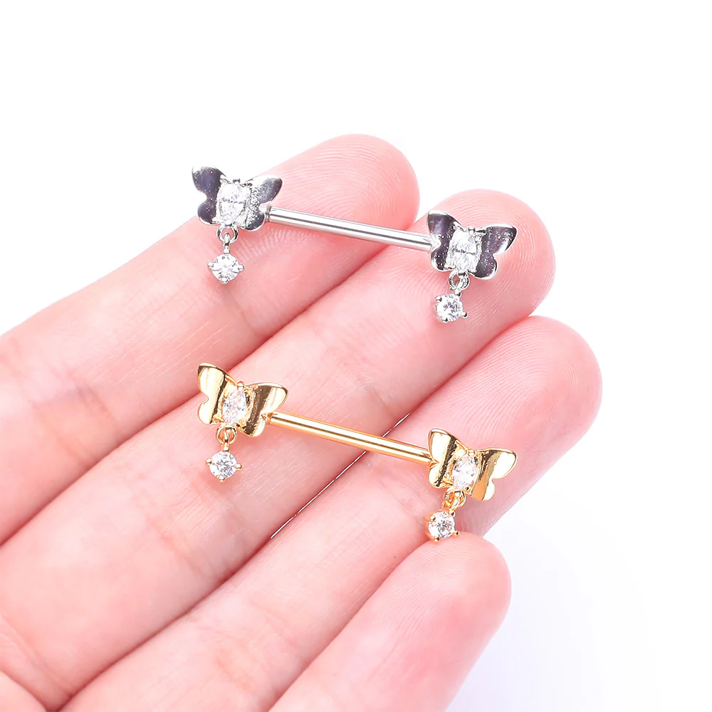 A Pair of Butterfly Sparkle Dangle Sparkle Nipple Barbell - Image 4