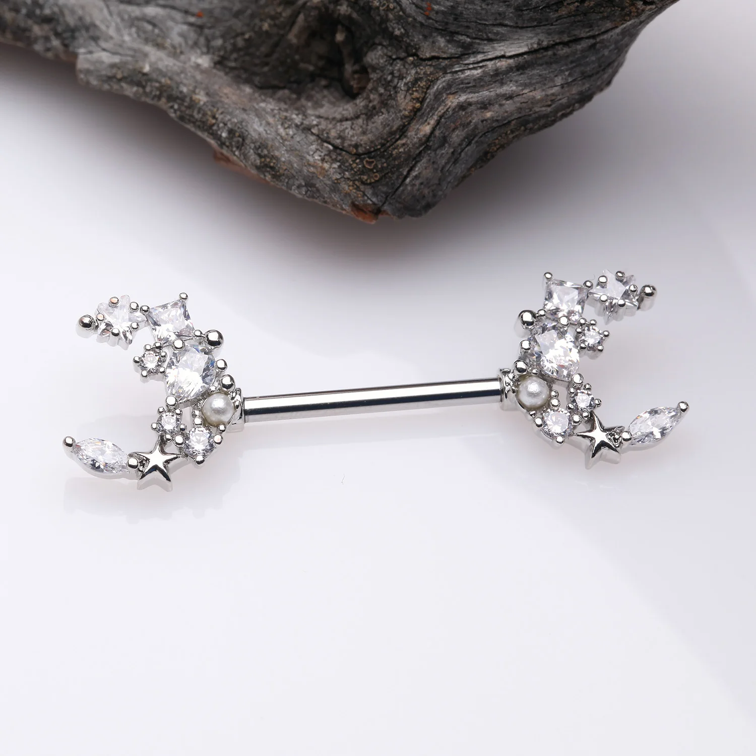 A Pair of Celestial Sparkle Crescent Moon Array Nipple Barbell - Image 2