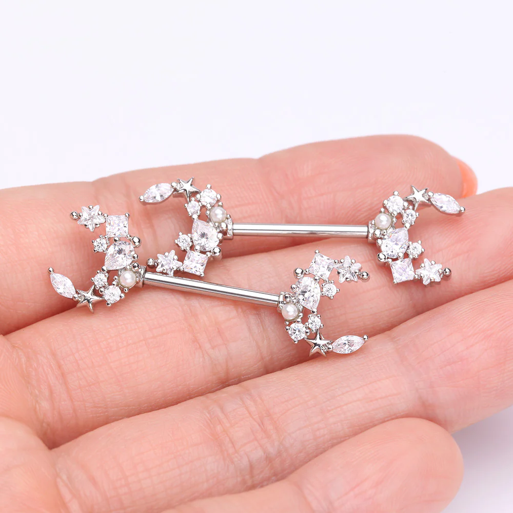 A Pair of Celestial Sparkle Crescent Moon Array Nipple Barbell - Image 3